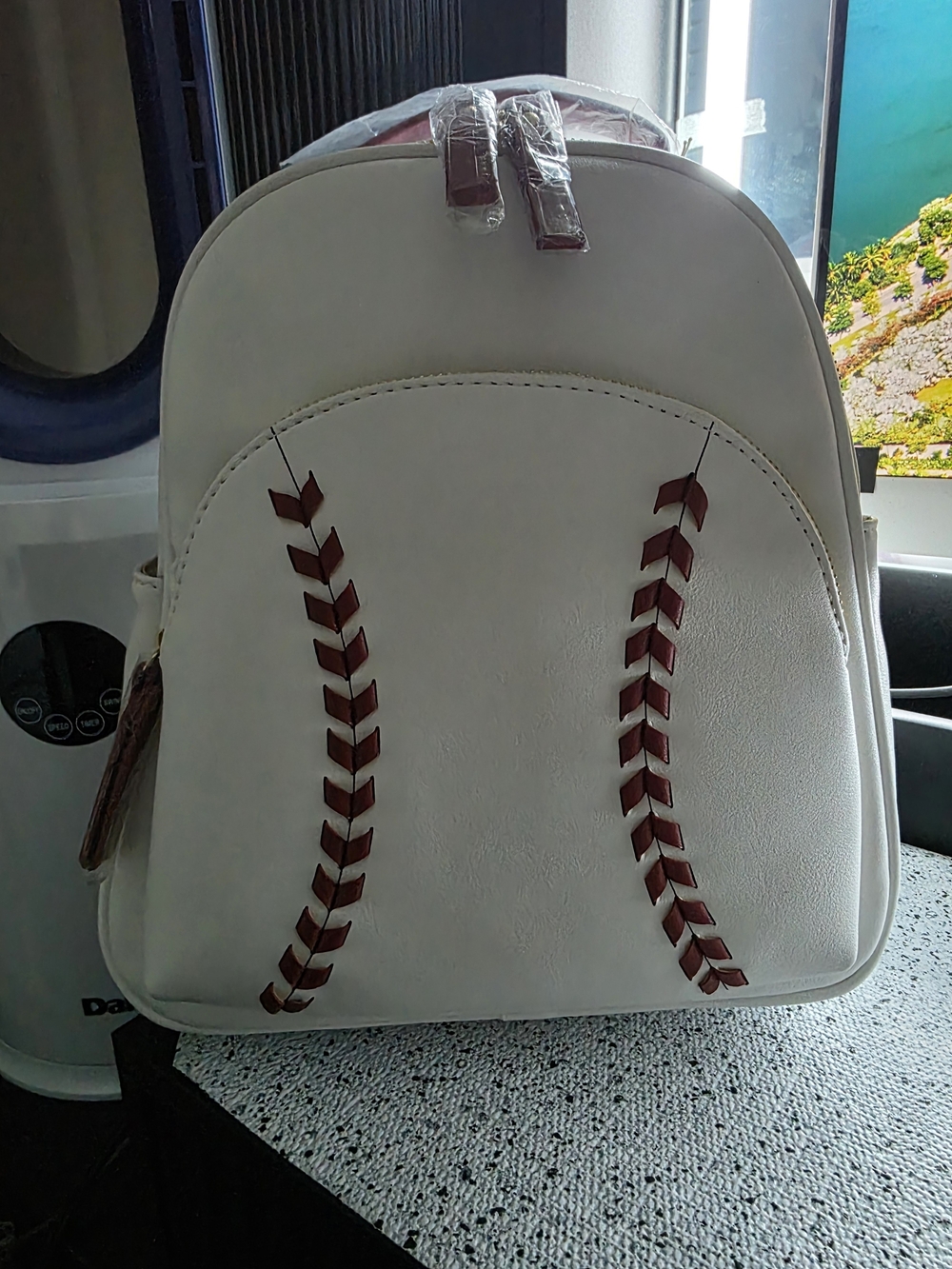 CC Boutique White Mini Backpack with Brown Baseball-Stitch Accents